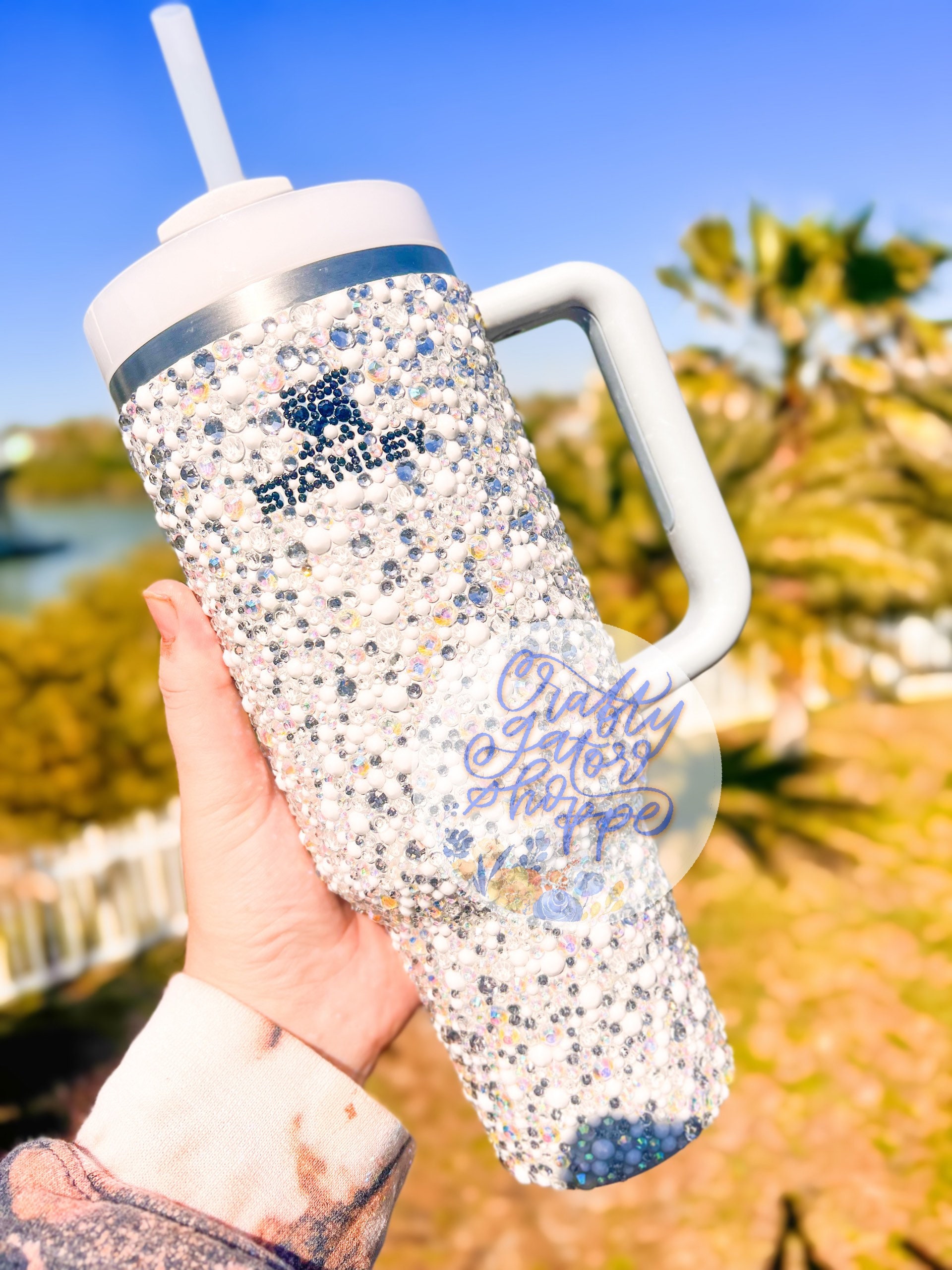 I blinged a 40 oz Stanley tumbler with crystal AB rhinestones in sizes, Bling Tumbler