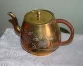 Vintage Chinese Etched Brass Teapot, Leather Wrapped Handle, Asian Decor, Asian Teapot, Home Decor, Decorative Object, Mid Century Modern