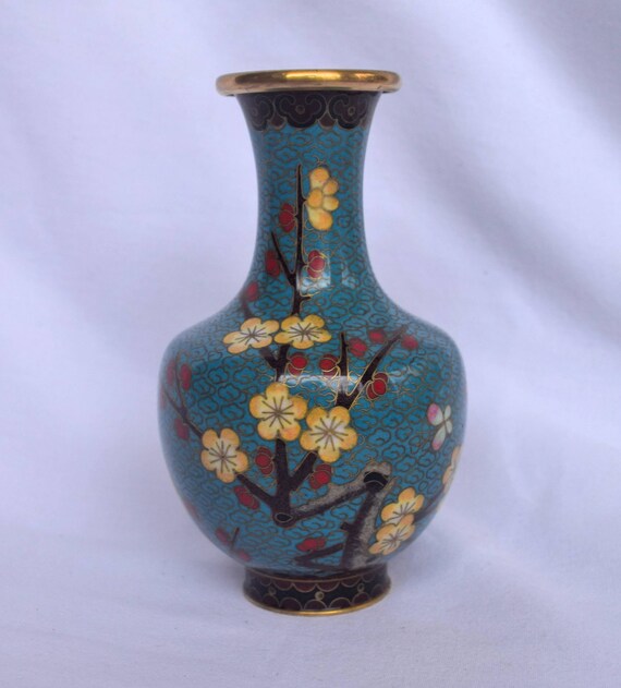 Antique Chinese Blue Cloisonne Brass Bud Vase Cherry Etsy