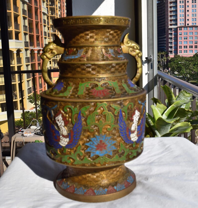 Antique Japanese Bronze Champlevé Enameled Urn Vase with Etsy