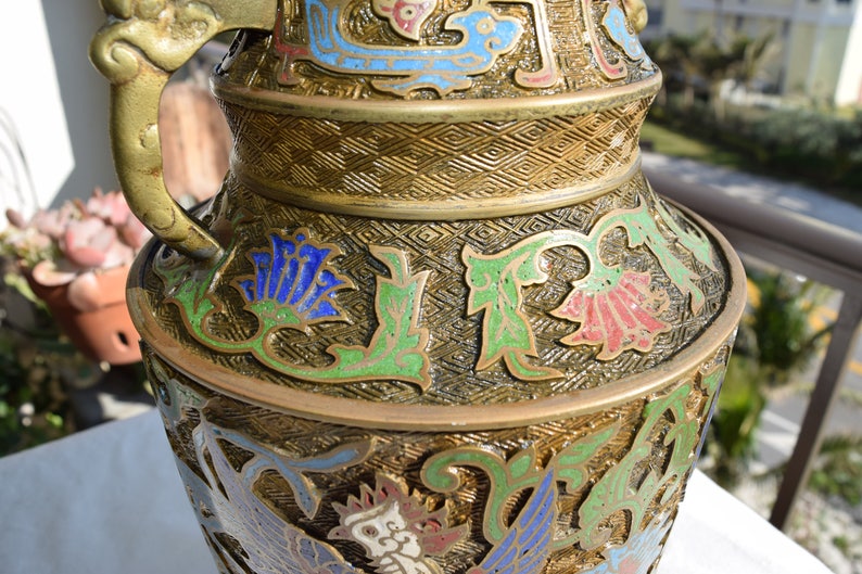 Antique Japanese Bronze Champlevé Enameled Urn Vase with Etsy