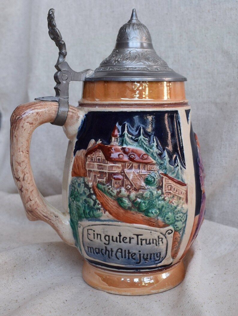Vintage Ceramic German Beer Stein With Pewter Lid 8 1/2 Etsy