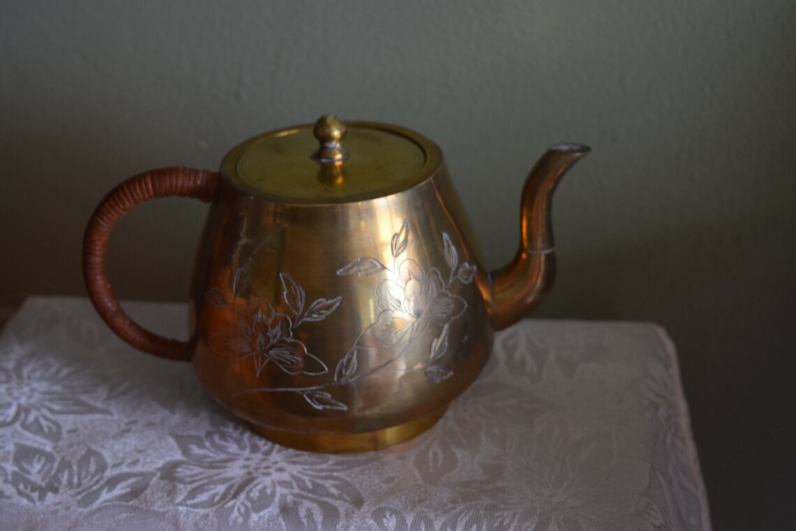 Vintage Chinese Etched Brass Teapot Leather Wrapped Handle Etsy
