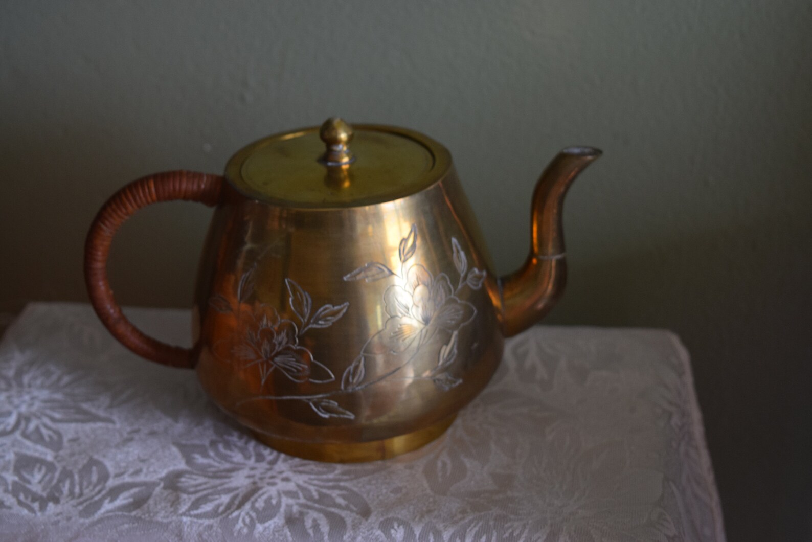 Vintage Chinese Etched Brass Teapot Leather Wrapped Handle Etsy