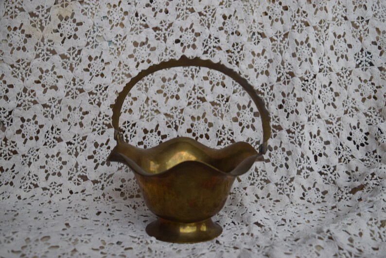Vintage Brass Basket Swivel Handle Scalloped Rim Pedestal Etsy