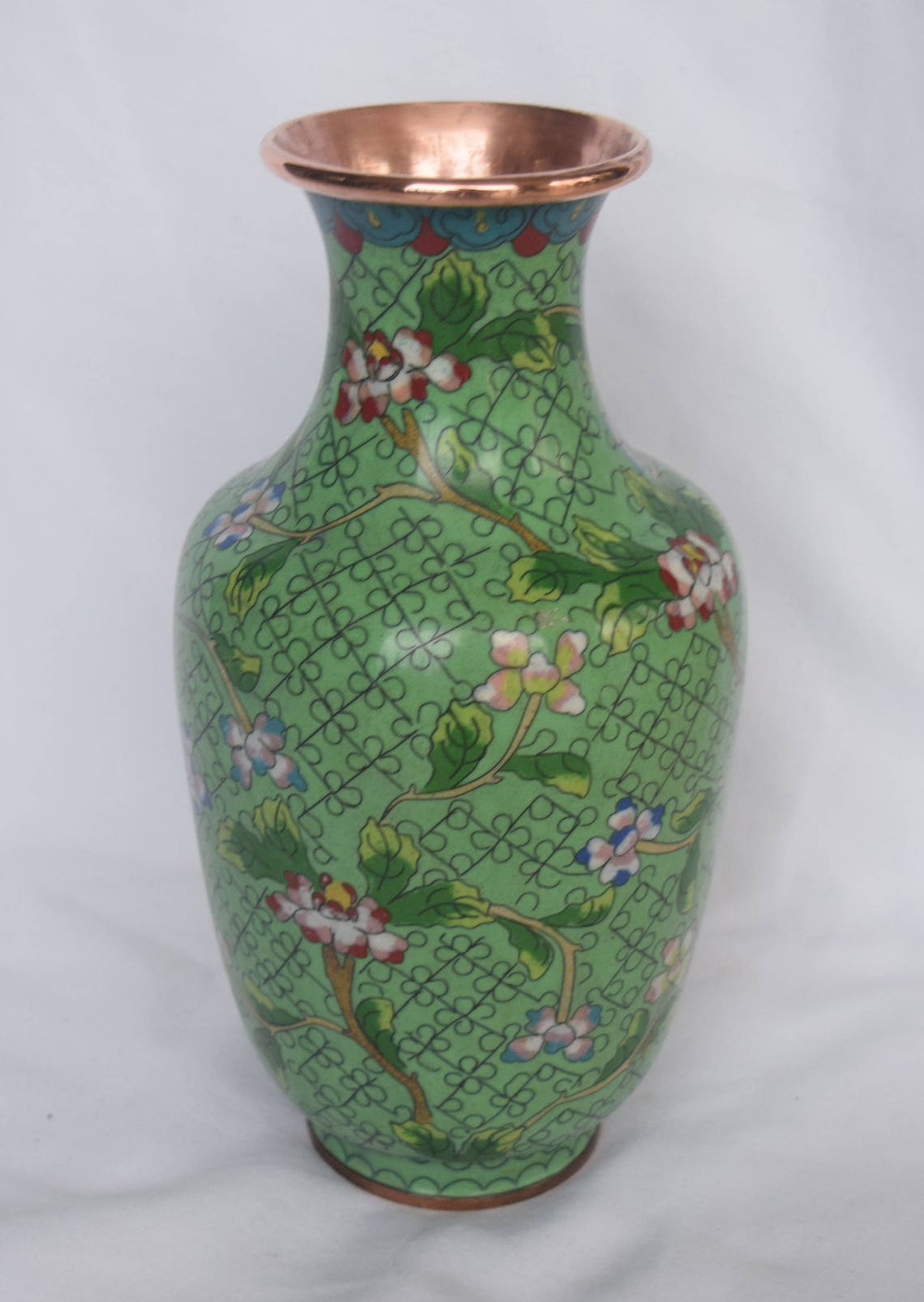 Antique Chinese Green Cloisonne Brass Vase // Flowers and Etsy