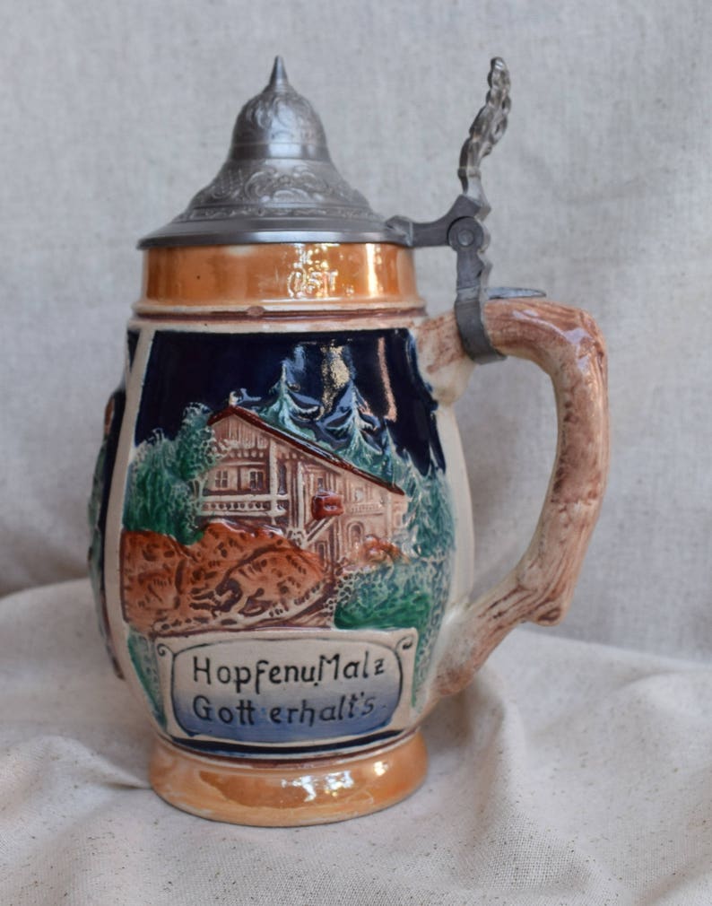 Vintage Ceramic German Beer Stein With Pewter Lid 8 1/2 Etsy