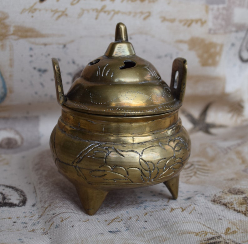 Vintage Chinese Etched Brass Incense Burner with Lid Brass Etsy