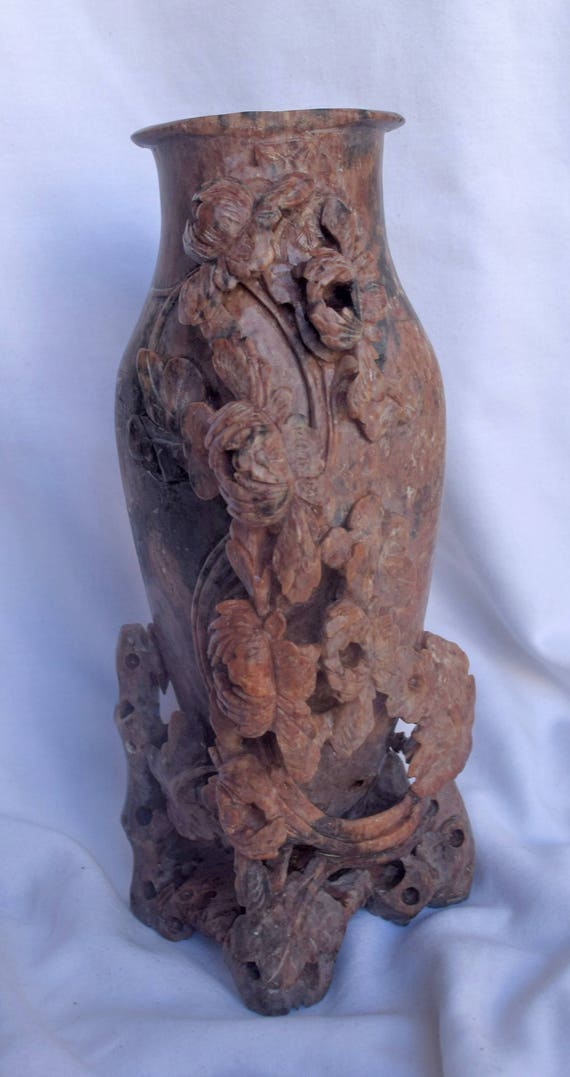 Chinese Soapstone Carved Vase Flowers And Butterflies Asian Etsy