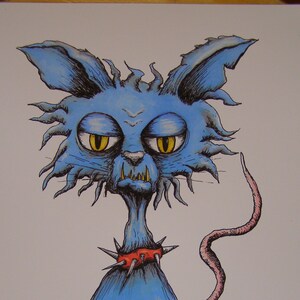 May include: A blue cartoon cat with a spiky red collar and a long tail. The cat has a grumpy expression and large yellow eyes.