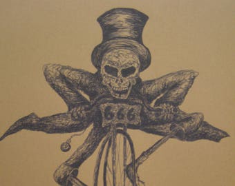 skeleton riding a penny farthing bike print