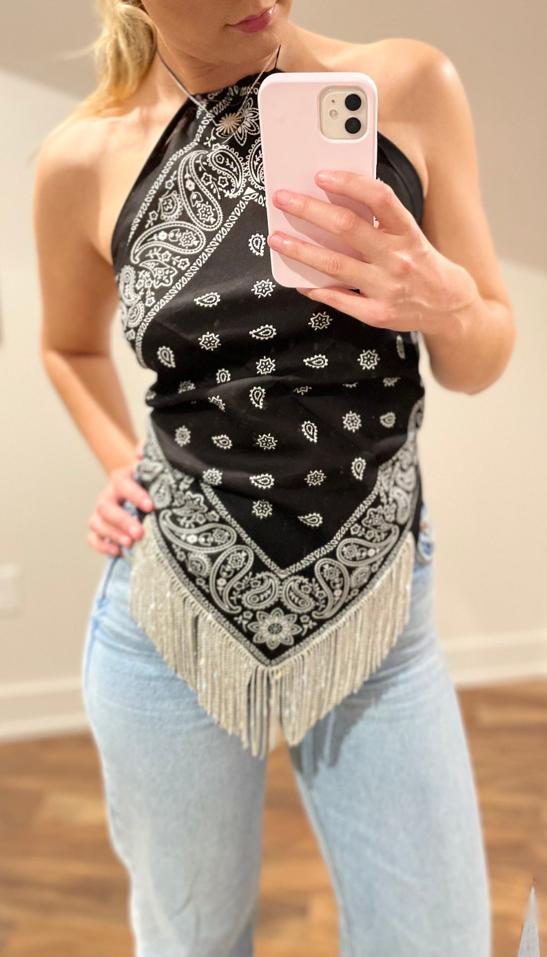 Bandana halter top with rhinestone fringe Etsy
