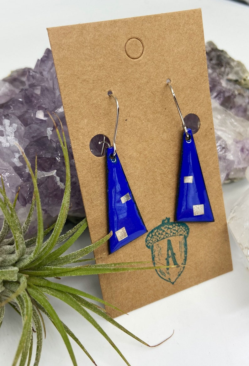 Blue Enamel Double Square Dangle Earrings