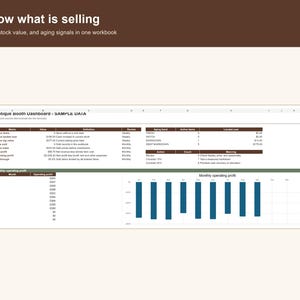 May include: A digital spreadsheet titled Antique Booth Dashboard - SAMPLE DATA featuring columns for metrics, values, definitions, and reviews. It includes tables for aging bands, action counts, and a bar chart showing monthly operating profit data.