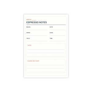 May include: A rectangular white paper espresso notes log sheet with dark blue text and orange accents. The form includes fields for shot number, beans, date, grind, dose, yield, time, taste, and change next shot with horizontal lines for writing.