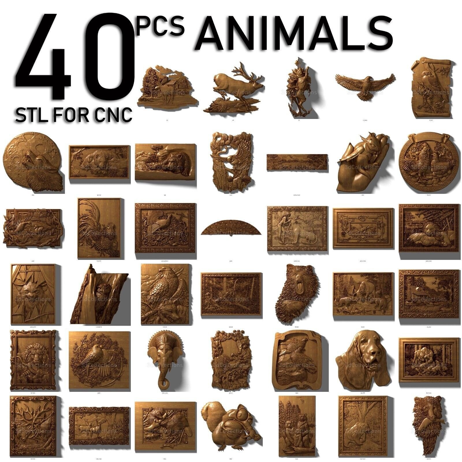 3D stl models 40 pcs pack animals for cnc router artcam aspire Etsy