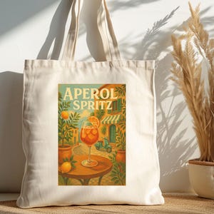 Aperol Spritz Vintage Tote Bag – Retro Italian Cocktail Market Bag, Mediterranean Summer Art Print, Amalfi Coast Canvas Tote