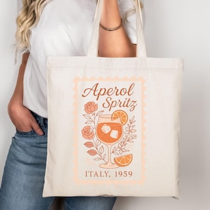 Aperol Spritz Tote Bag – Vintage Italian Stamp Design, 1959 Floral Cocktail Canvas Tote, Retro Italy Market Bag, Aesthetic Travel Gift