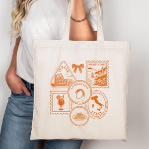 Italy Stamp Tote Bag – Amalfi Coast Travel Design, La Dolce Vita Canvas Bag, Vintage Italian Aesthetic Tote, Retro Europe Market Bag