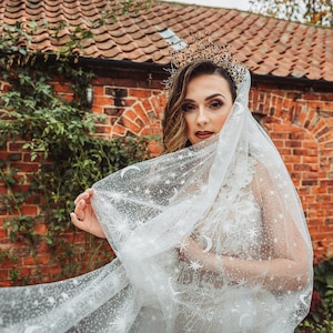 Celestial glitter moon and stars veil, glitter tulle, star veil, ivory veil, moon and stars