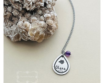 Hand-Stamped Ohana Necklace: Pewter Teardrop Pendant with Gemstone. Hypoallergenic Handmade Lilo Necklace