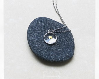 Hammered Sterling Silver Mountain Necklace with Bronze Sun. Handcrafted and Hypoallergenic.