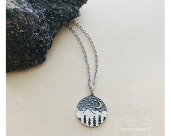 Handcrafted Sterling Silver Mountain Moon Necklace: Night Sky Handstamped and Hypoallergenic Jewelry.