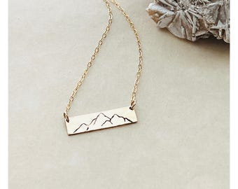 Hand-Stamped Rocky Mountain Bar Necklace: Sterling Silver, Gold, Rose Gold. Handmade and Hypoallergenic.