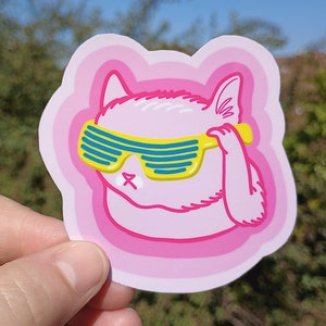 Sticker autocollant imperméable en vinyle avec lunettes de soleil chat rose super cool, lunettes drôles avec chat dans les tons des années 80, décalcomanie illustrée durable