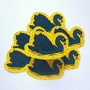 Black Swan With confetti Shiny Vinyl Sticker, Black and Yellow Posing Funny Swan, Celebrate Swans, Bird Sticker Decal Water Bottle, Laptop