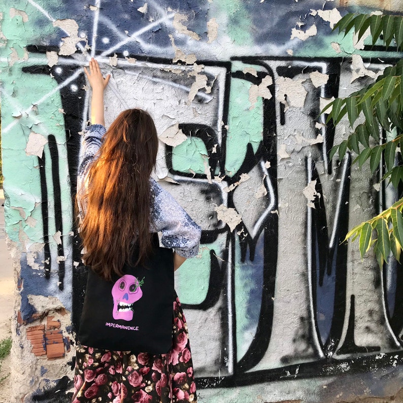 Cotton tote bag Original art bag Impermanence shopping bag Pink skull bag Skull printed tote bag Hipster fashion Long handles bag