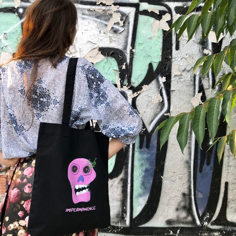 Cotton tote bag Original art bag Impermanence shopping bag Pink skull bag Skull printed tote bag Hipster fashion Long handles bag