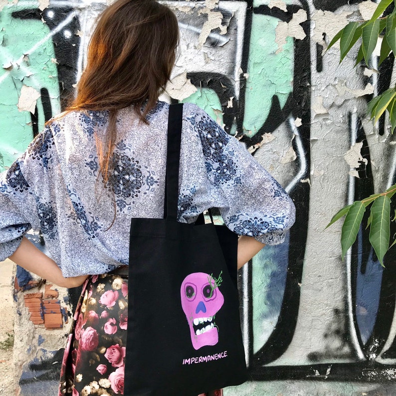 Cotton tote bag Original art bag Impermanence shopping bag Pink skull bag Skull printed tote bag Hipster fashion Long handles bag