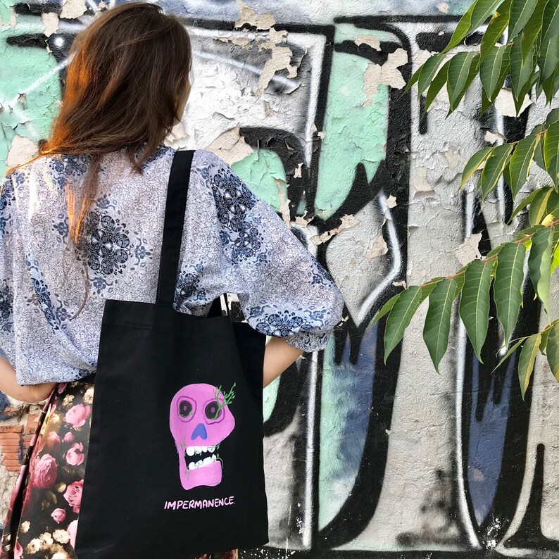 Cotton tote bag Original art bag Impermanence shopping bag Pink skull bag Skull printed tote bag Hipster fashion Long handles bag