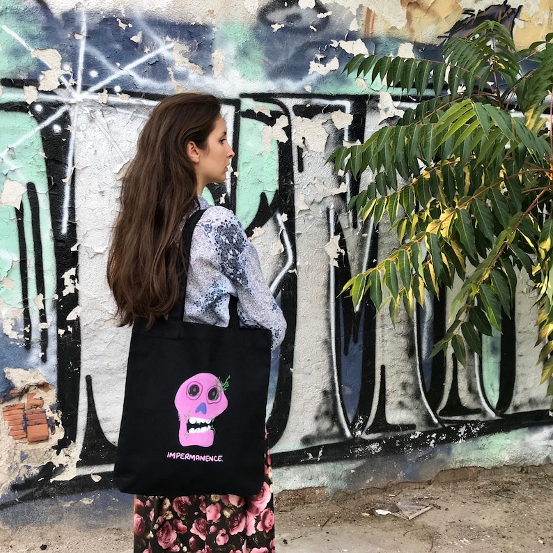 Cotton tote bag Original art bag Impermanence shopping bag Pink skull bag Skull printed tote bag Hipster fashion Long handles bag