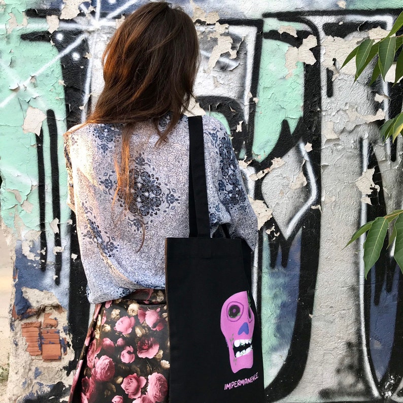 Cotton tote bag Original art bag Impermanence shopping bag Pink skull bag Skull printed tote bag Hipster fashion Long handles bag
