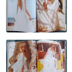 Puede incluir: Una p&aacute;gina de revista de moda con vestidos de novia blancos. Uno tiene la espalda baja y tela fluida. Otro presenta detalles de encaje y se usa con botas. Un tercer vestido es con los hombros descubiertos y un sombrero de ala ancha.