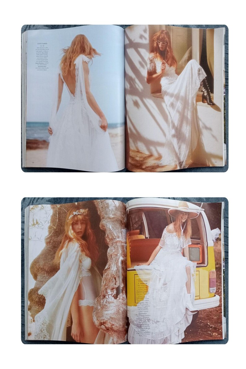 Puede incluir: Una p&aacute;gina de revista de moda con vestidos de novia blancos. Uno tiene la espalda baja y tela fluida. Otro presenta detalles de encaje y se usa con botas. Un tercer vestido es con los hombros descubiertos y un sombrero de ala ancha.