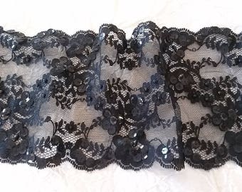 Black Calais lace with pearls and sequins, embroidered black Calais lace, haute couture Calais lace, width 10 cm (3.9")