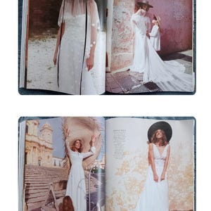 Puede incluir: Una p&aacute;gina de revista con vestidos de novia blancos. Uno tiene un sombrero de paja grande y un velo, otro una larga cola. Las im&aacute;genes est&aacute;n tomadas en exteriores, con un ni&ntilde;o en una imagen.
