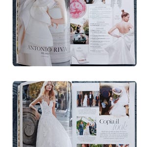 Puede incluir: Una revista de moda nupcial. Las p&aacute;ginas muestran vestidos de novia, accesorios y contenido editorial. La revista incluye el texto "ELLE Spose", "ANTONIO RIVA MILANO" y "LUNANOVIA".