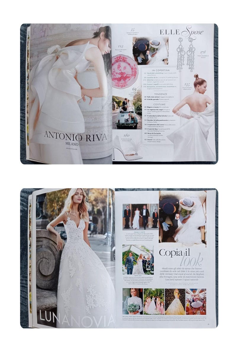 Puede incluir: Una revista de moda nupcial. Las p&aacute;ginas muestran vestidos de novia, accesorios y contenido editorial. La revista incluye el texto "ELLE Spose", "ANTONIO RIVA MILANO" y "LUNANOVIA".