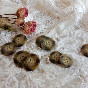 Puede incluir: Una colección de ocho botones marrones y beige con cuatro agujeros cada uno. Los botones están dispuestos sobre un fondo de tela de encaje blanco.