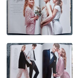 Puede incluir: Una revista con moda nupcial. La imagen superior muestra a tres mujeres con vestidos, una con un ramo. La imagen inferior muestra a una pareja con ropa formal, con texto en italiano.