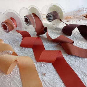 38 mm grosgrainlint per meter, dubbelzijdig premium polyester, terracotta, roestbruin, chocoladebruin, zandkleur, naaien, hoedenmaken, bruiloft, decoratie