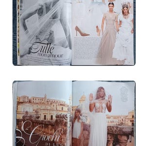 Puede incluir: Una revista de moda con moda nupcial. Las p&aacute;ginas muestran varios vestidos de novia, velos y accesorios. Una imagen muestra a una modelo con un vestido blanco fluido y un velo. Texto: "Tulle mon amour" y "Giochi di Luce".