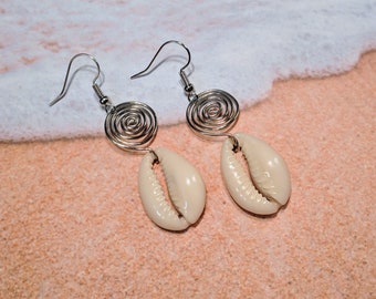Cowrie Shell Earrings: Silver Plated Wire, Afrocentric Jewelry