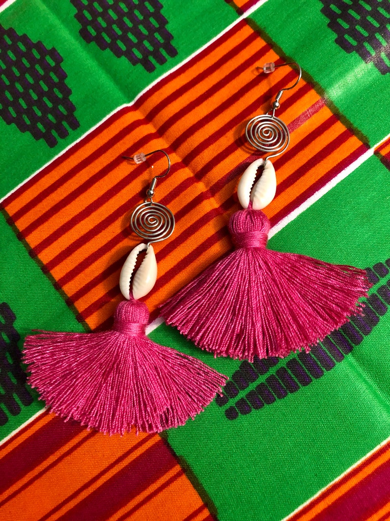 Cowrie Shell Tassel Earrings Seashell Earrings Cowry Tassel Earrings Pink