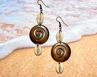 Double Cowrie Wooden Earrings - Cowry Shell Jewelry - Wooden Jewelry - Spiral Shape - Gift For Natural