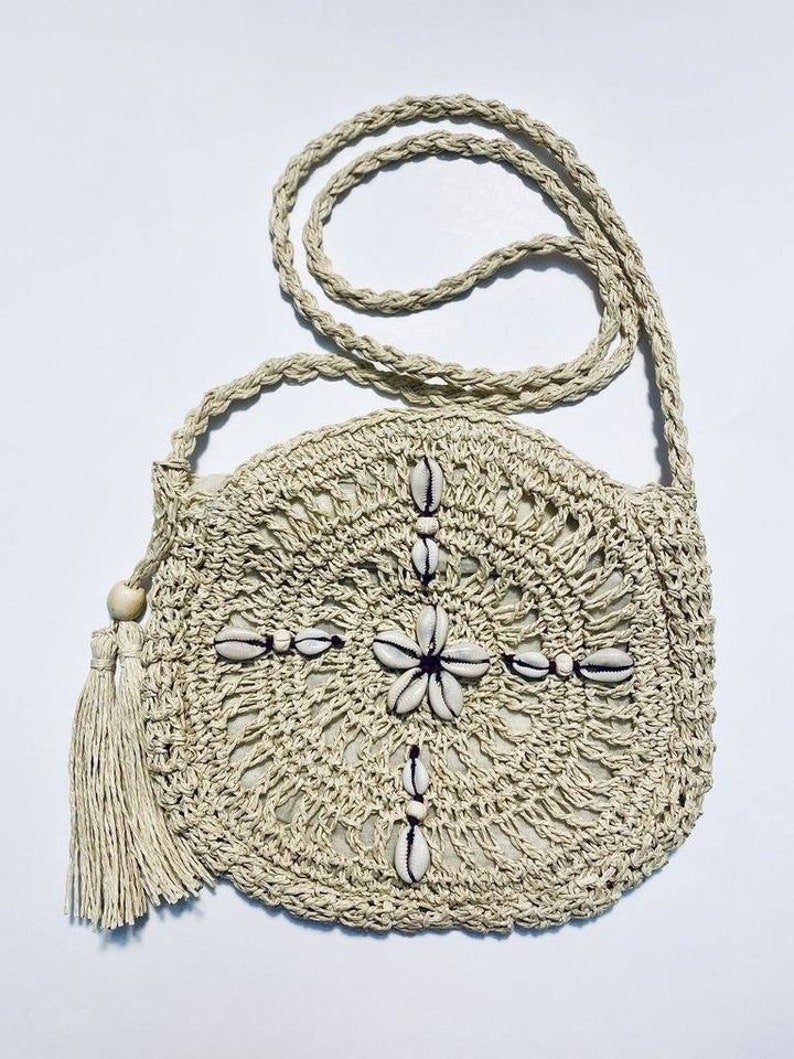 Cowrie Shell Rattan Woven Handbag Round Cross Body Handbag Long Strap Purse Cowry Hand Altered Tassel Wooden Detail Gift For Women image 8